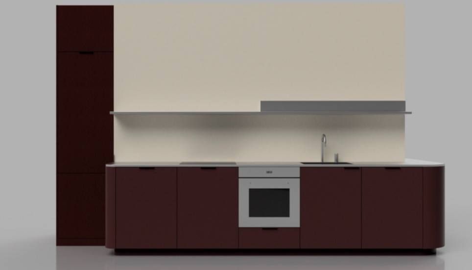 Compacte keuken met oxbloedrode fronten en één doorlopende plank