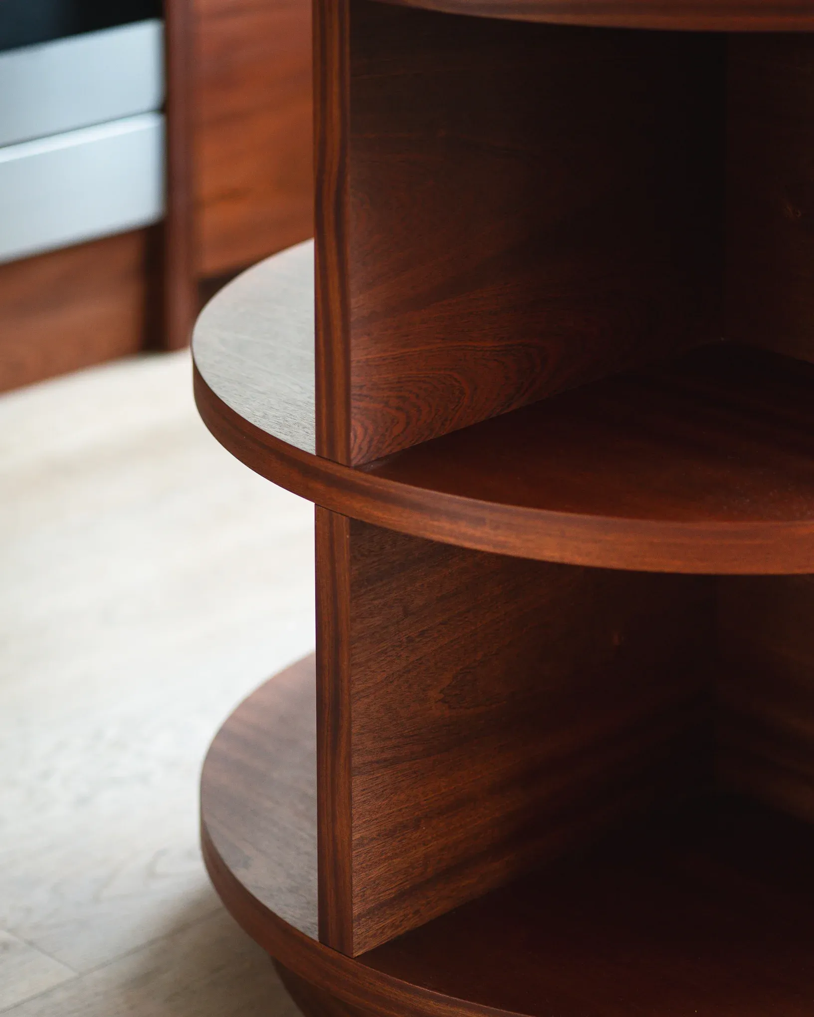 Kitchen island in mahogany with a honed limestone top, canal house, Amsterdam
